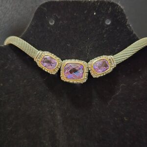 Vintage Sterling Silver Mesh Collar Necklace w/Faceted Amethysts and